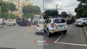 Colisão entre veículos termina em capotamento no bairro Aristocrata, em São José dos Pinhais